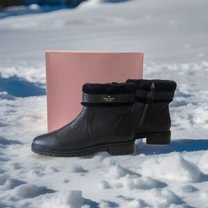 Kate Spade New York Bailee Winter Bootie Black Leather Faux Fur Trim Size 11 B